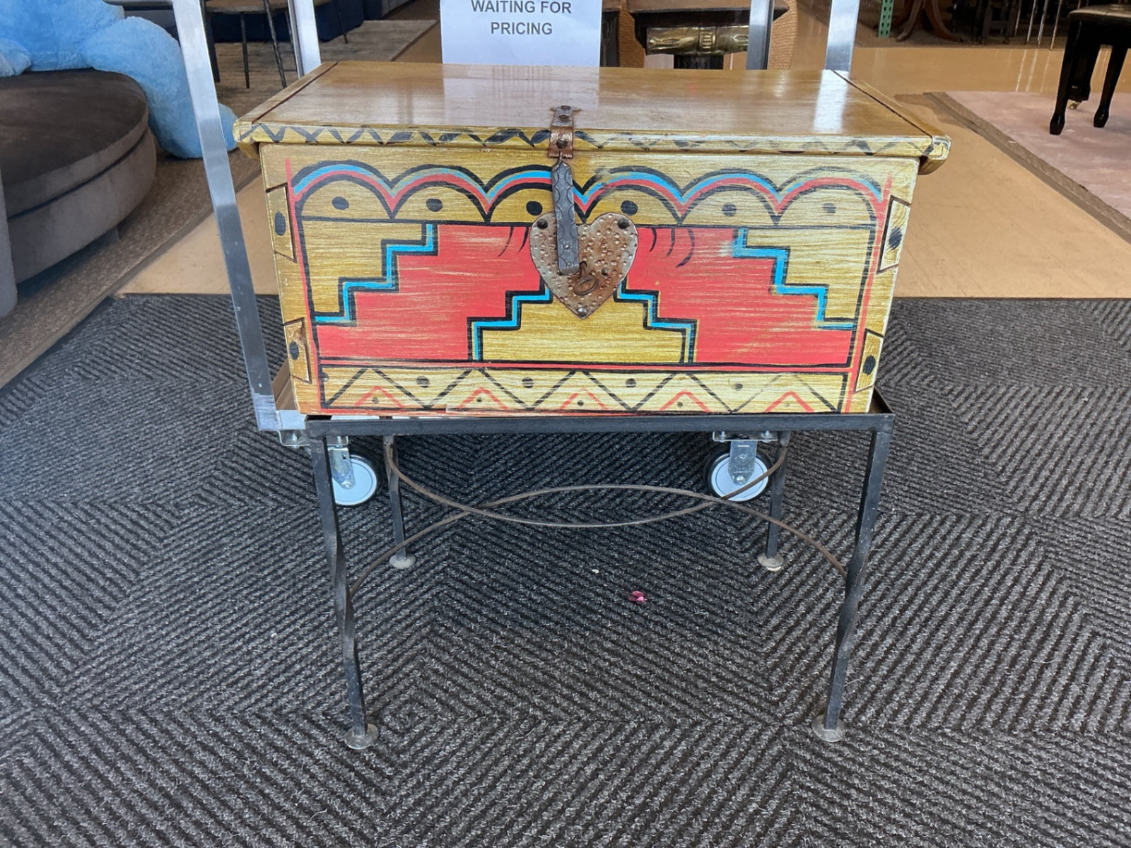 Southwestern Painted Blanket Chest on Caster Metal Stand
