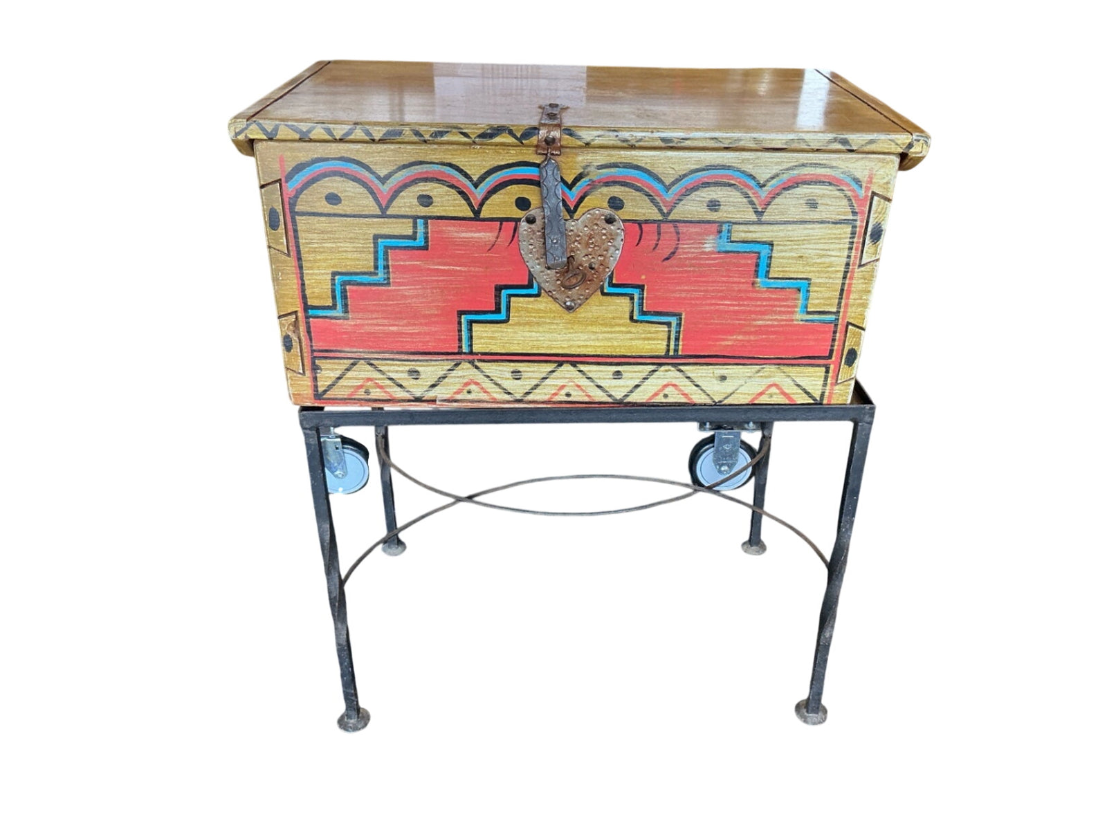 Southwestern Painted Blanket Chest on Caster Metal Stand