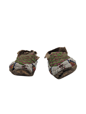 Green Checkered Lakota Sioux *Beaded Moccasins* 1919 Rosebud Reservation Deer Hide