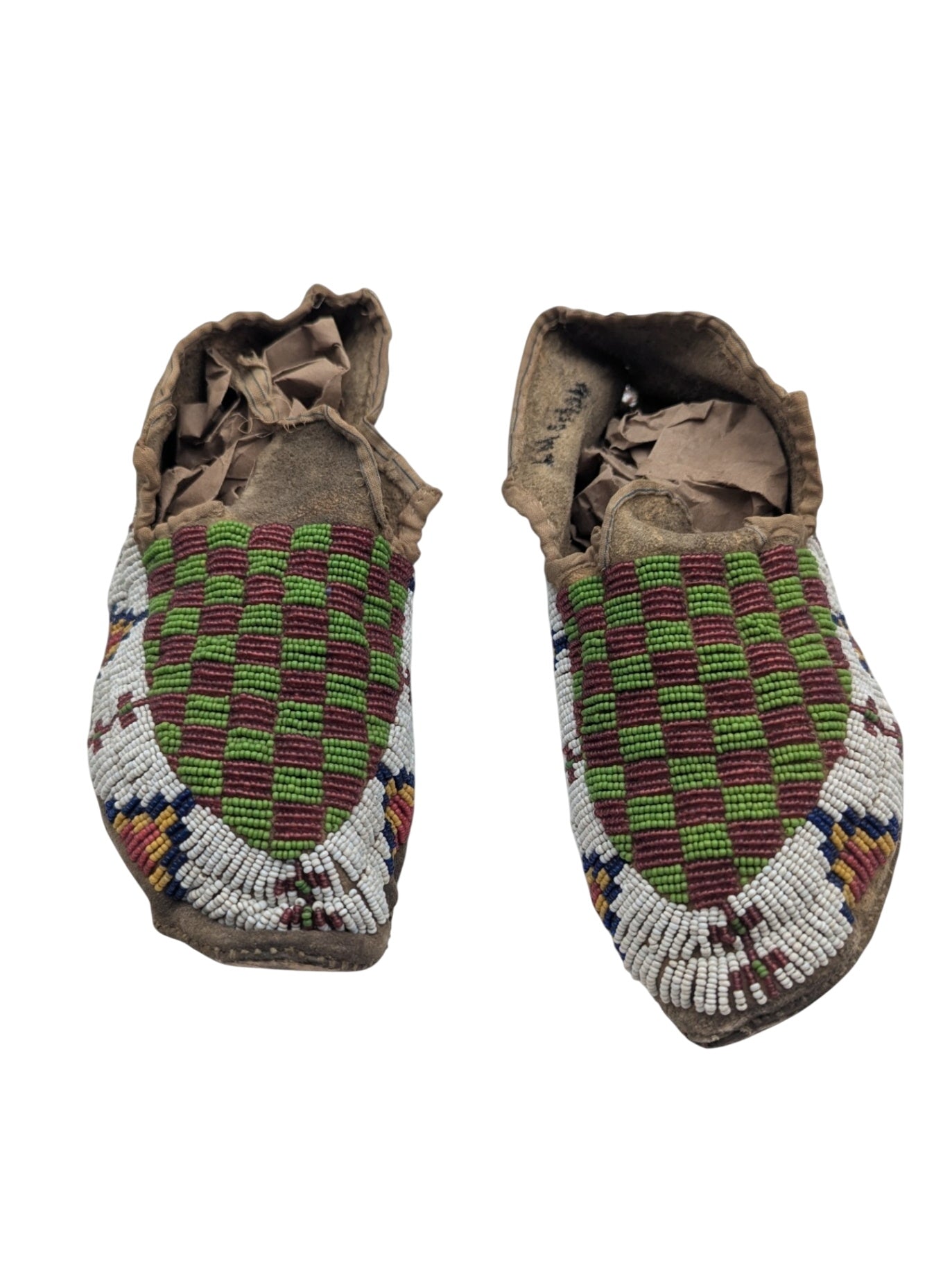 Green Checkered Lakota Sioux *Beaded Moccasins* 1919 Rosebud Reservation Deer Hide