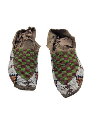 Green Checkered Lakota Sioux *Beaded Moccasins* 1919 Rosebud Reservation Deer Hide