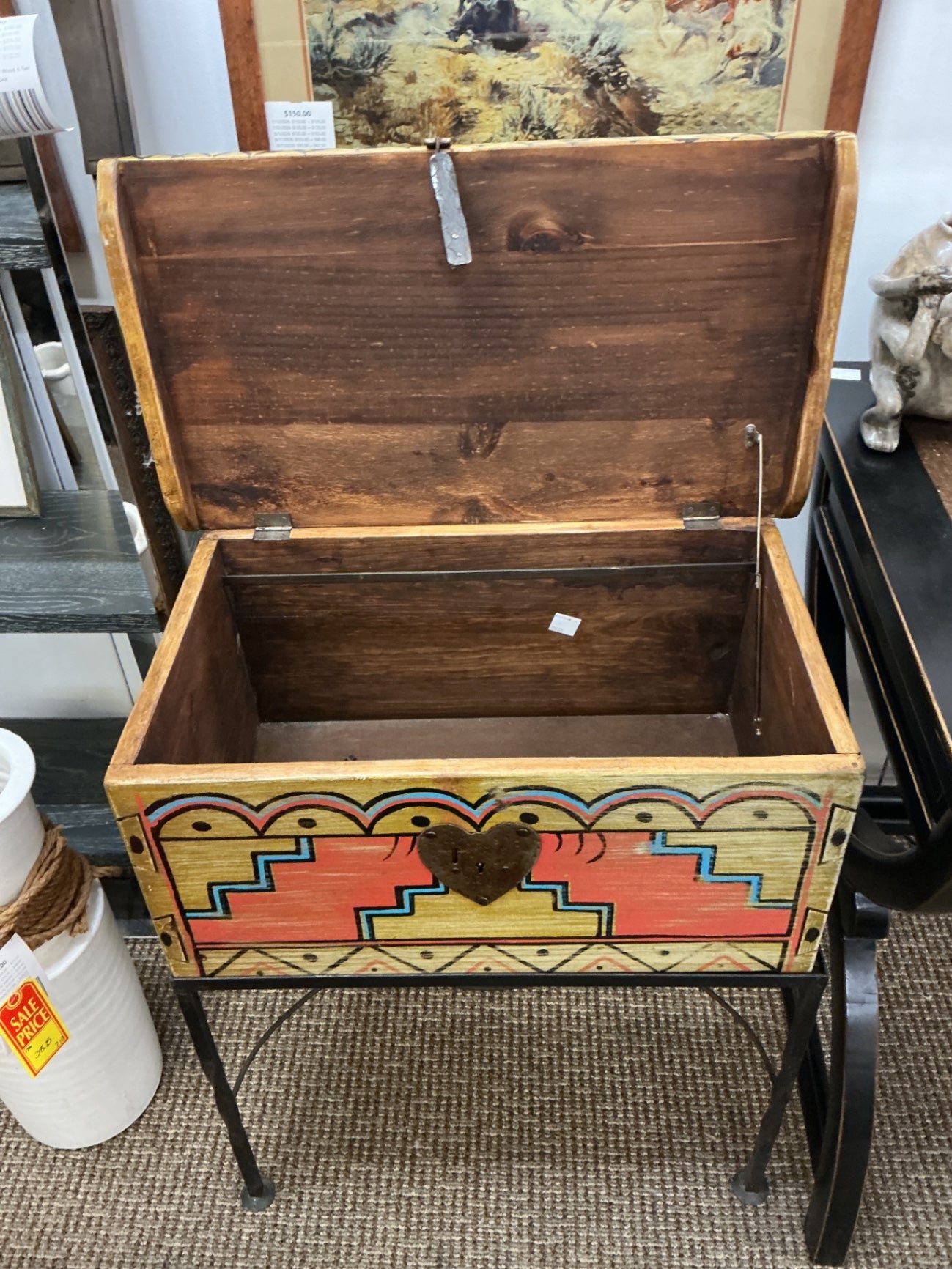 Southwestern Painted Blanket Chest on Caster Metal Stand - Miss