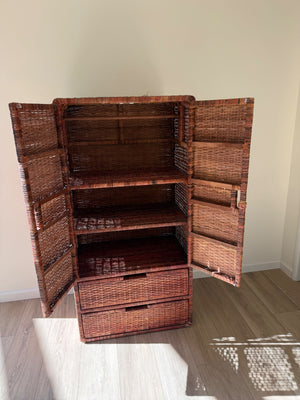 Mid-Century 1970 Woven Rattan Armoire 60 x 18 x 32
