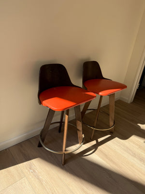 Calorator 1970's Mid-Century Modern Walnut & Leather Bar Stools   (pair)  32" H