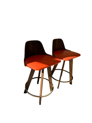 Calorator 1970's Mid-Century Modern Walnut & Leather Bar Stools   (pair)  32" H