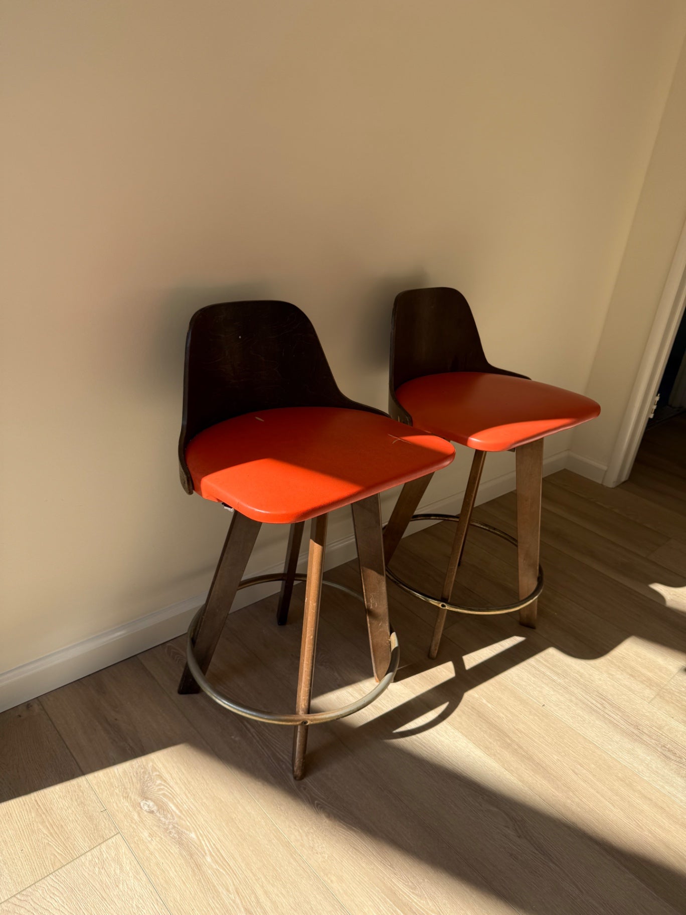 Calorator 1970's Mid-Century Modern Walnut & Leather Bar Stools   (pair)  32" H