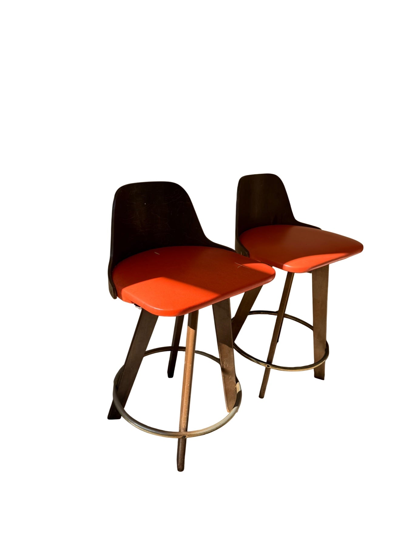 Calorator 1970's Mid-Century Modern Walnut & Leather Bar Stools   (pair)  32" H