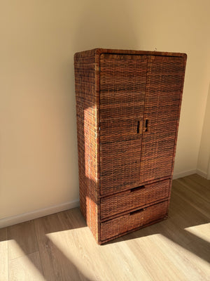 Mid-Century 1970 Woven Rattan Armoire 60 x 18 x 32