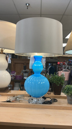 Turquoise Blue Ribbed Murano Glass Gourd Shaped Lamp With Shade