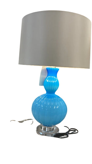 Turquoise Blue Ribbed Murano Glass Gourd Shaped Lamp With Shade