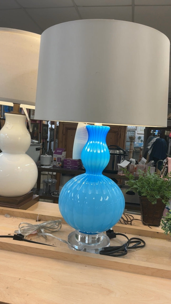 Turquoise Blue Ribbed Murano Glass Gourd Shaped Lamp With Shade