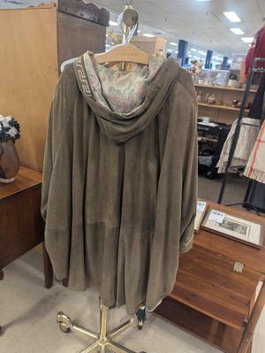 Vintage Olive Green Suede Hooded Poncho w/ Pockets Size M/L **some stains**