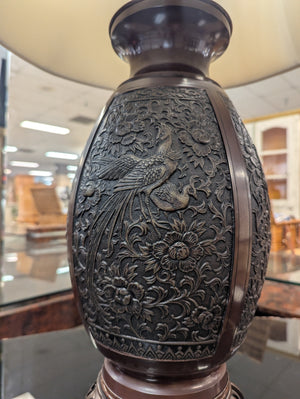 Marbro Lamp Co. Bronze Ginger Jar Peacock Table Lamp w/ Lamp Shade 36"H circa 1980s-1990 PRICE MATCH OBO