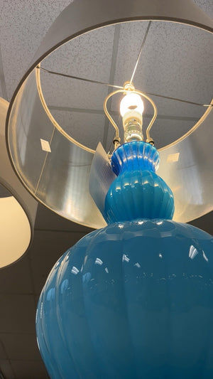 Turquoise Blue Ribbed Murano Glass Gourd Shaped Lamp With Shade