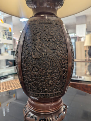 Marbro Lamp Co. Bronze Ginger Jar Peacock Table Lamp w/ Lamp Shade 36"H circa 1980s-1990 PRICE MATCH OBO