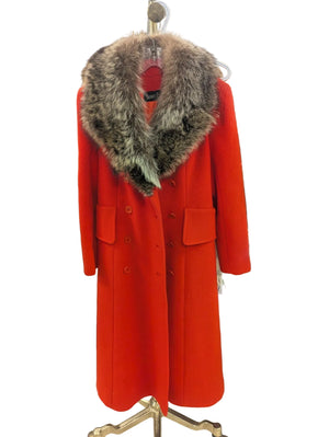 Vintage LUBA Orange Wool Trench Coat w/ Fur Collar (Shedding) from Bonwit Teller Approx. S6 Circa 1960s-1970