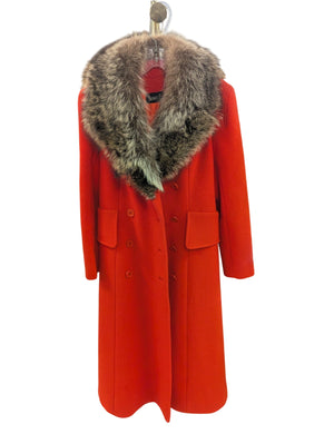 Vintage LUBA Orange Wool Trench Coat w/ Fur Collar (Shedding) from Bonwit Teller Approx. S6 Circa 1960s-1970