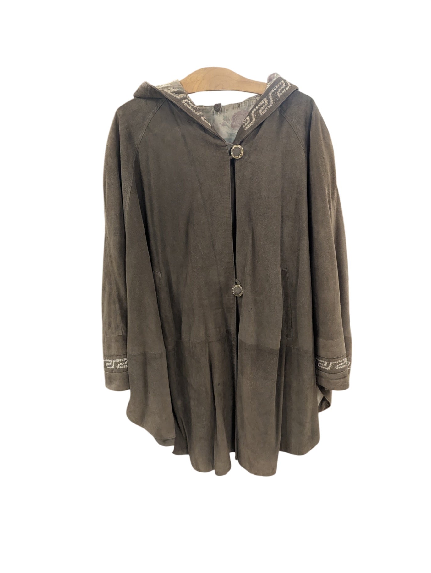 Vintage Olive Green Suede Hooded Poncho w/ Pockets Size M/L **some stains**
