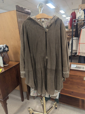Vintage Olive Green Suede Hooded Poncho w/ Pockets Size M/L **some stains**
