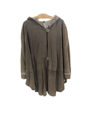 Vintage Olive Green Suede Hooded Poncho w/ Pockets Size M/L **some stains**
