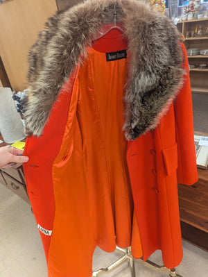 Vintage LUBA Orange Wool Trench Coat w/ Fur Collar (Shedding) from Bonwit Teller Approx. S6 Circa 1960s-1970