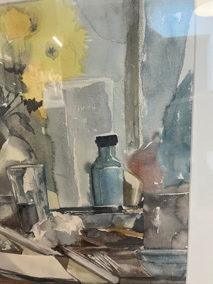 Blue glass with flowers by Inga Elstrodt 21x18