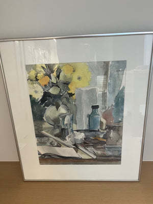 Blue glass with flowers by Inga Elstrodt 21x18