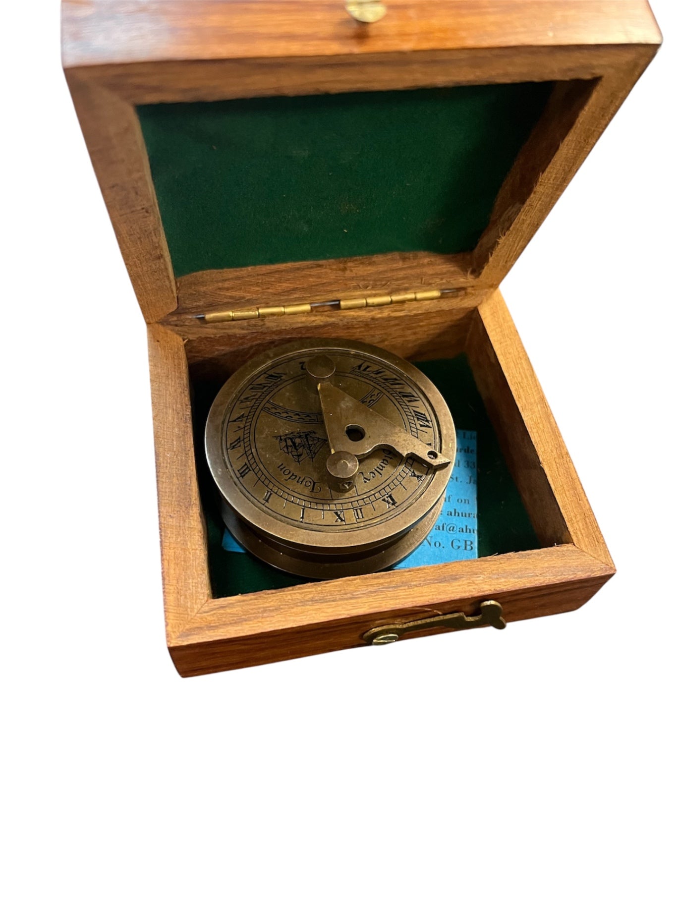 Stanley London Cast Brass Pocket Sundial & Compass In Wooden Box