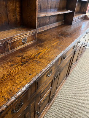 English Jacobean Revival Oak Dresser & Plate Rack Circa 1925-1940 Solid Qtr Sawn White Oak 132"x83"x50.5"