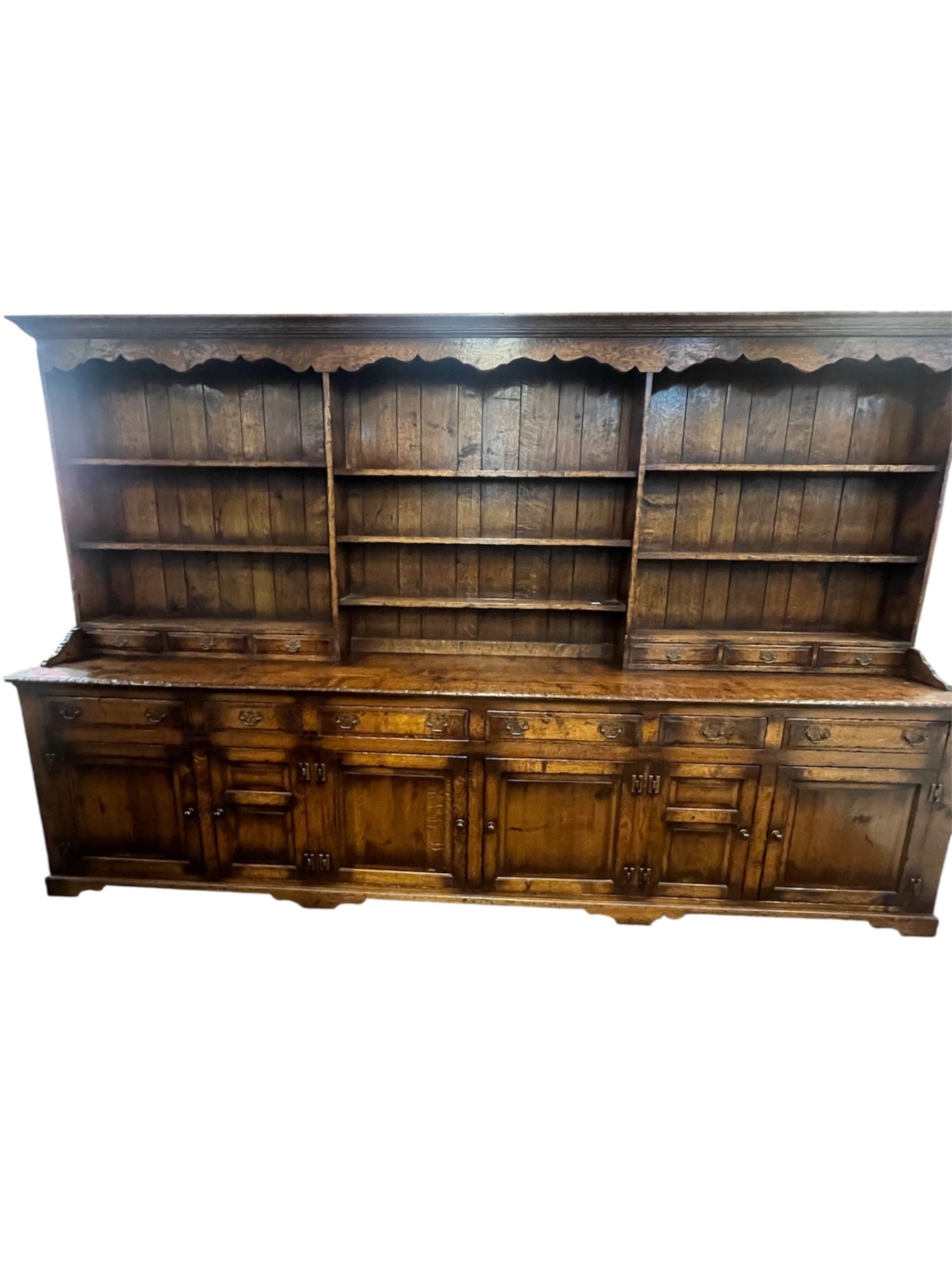 English Jacobean Revival Oak Dresser & Plate Rack Circa 1925-1940 Solid Qtr Sawn White Oak 132"x83"x50.5"