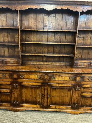 English Jacobean Revival Oak Dresser & Plate Rack Circa 1925-1940 Solid Qtr Sawn White Oak 132"x83"x50.5"