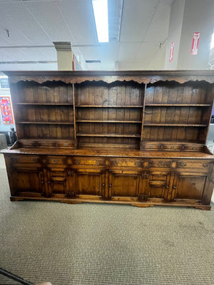 English Jacobean Revival Oak Dresser & Plate Rack Circa 1925-1940 Solid Qtr Sawn White Oak 132"x83"x50.5"