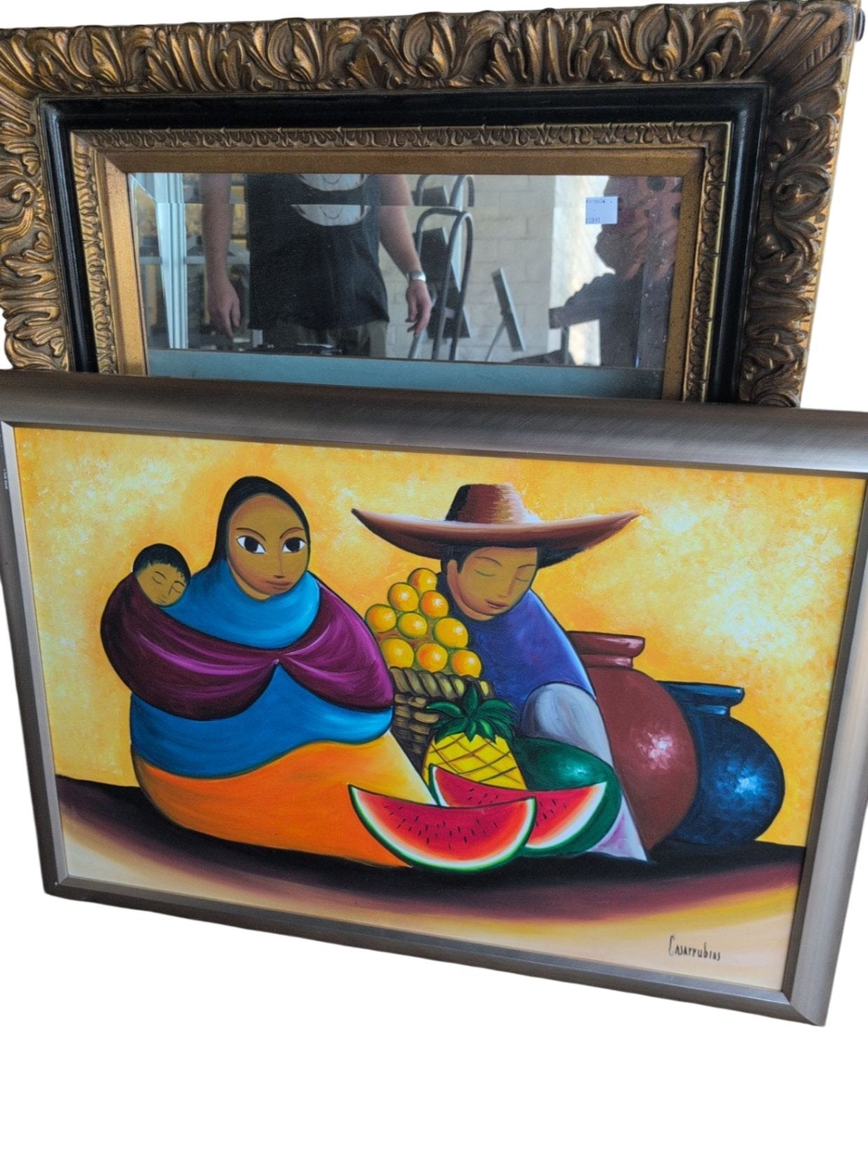 Signed Mexican Folk Art Family With Fruit Painting