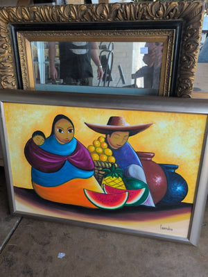 Signed Mexican Folk Art Family With Fruit Painting