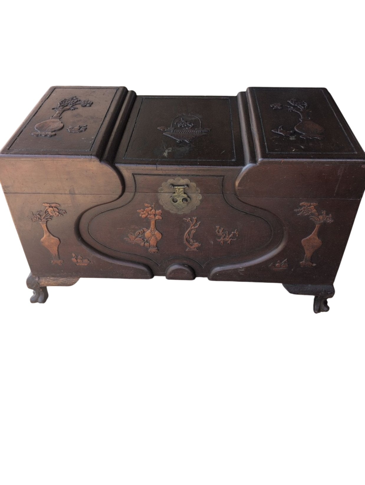 Vintage Chinese Carved Wood Storage Chest Stepped Lid 40x20x24