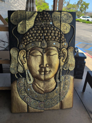 Large Four-Panel Gilt Buddha Wall Art, 40" Wide x 59" Tall