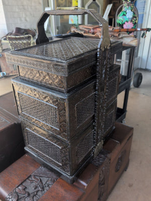 Carved Chinese Wedding Basket With Brass Trim 18x14x28