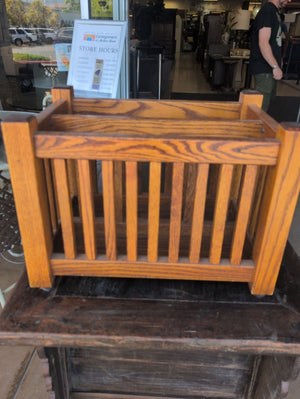Vintage Oak Craftsman Style Magazine Rack With Brass Handles