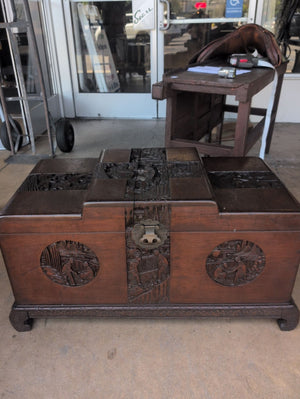 Carved Asian Wood Trunk With Raised Panel Top 36x17x20