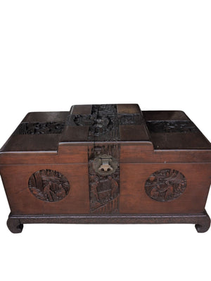Carved Asian Wood Trunk With Raised Panel Top 36x17x20