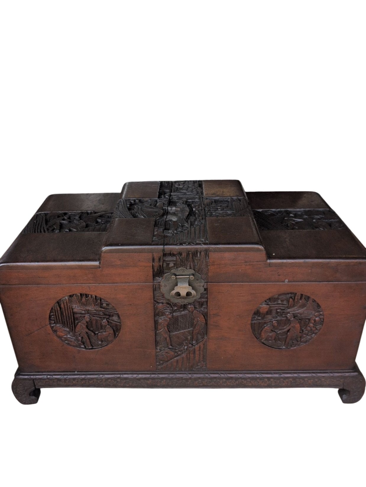 Carved Asian Wood Trunk With Raised Panel Top 36x17x20