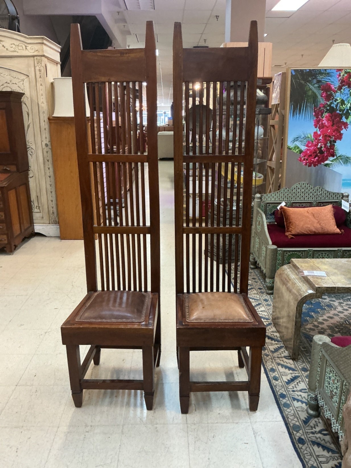 183- Arts & Crafts / Mission influence Tall Slatted Backs Chairs (pair) 72"H