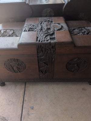 Carved Asian Wood Trunk With Raised Panel Top 36x17x20