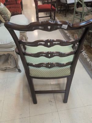 Wood Chippendale Arm Chair with Green Check Fabric