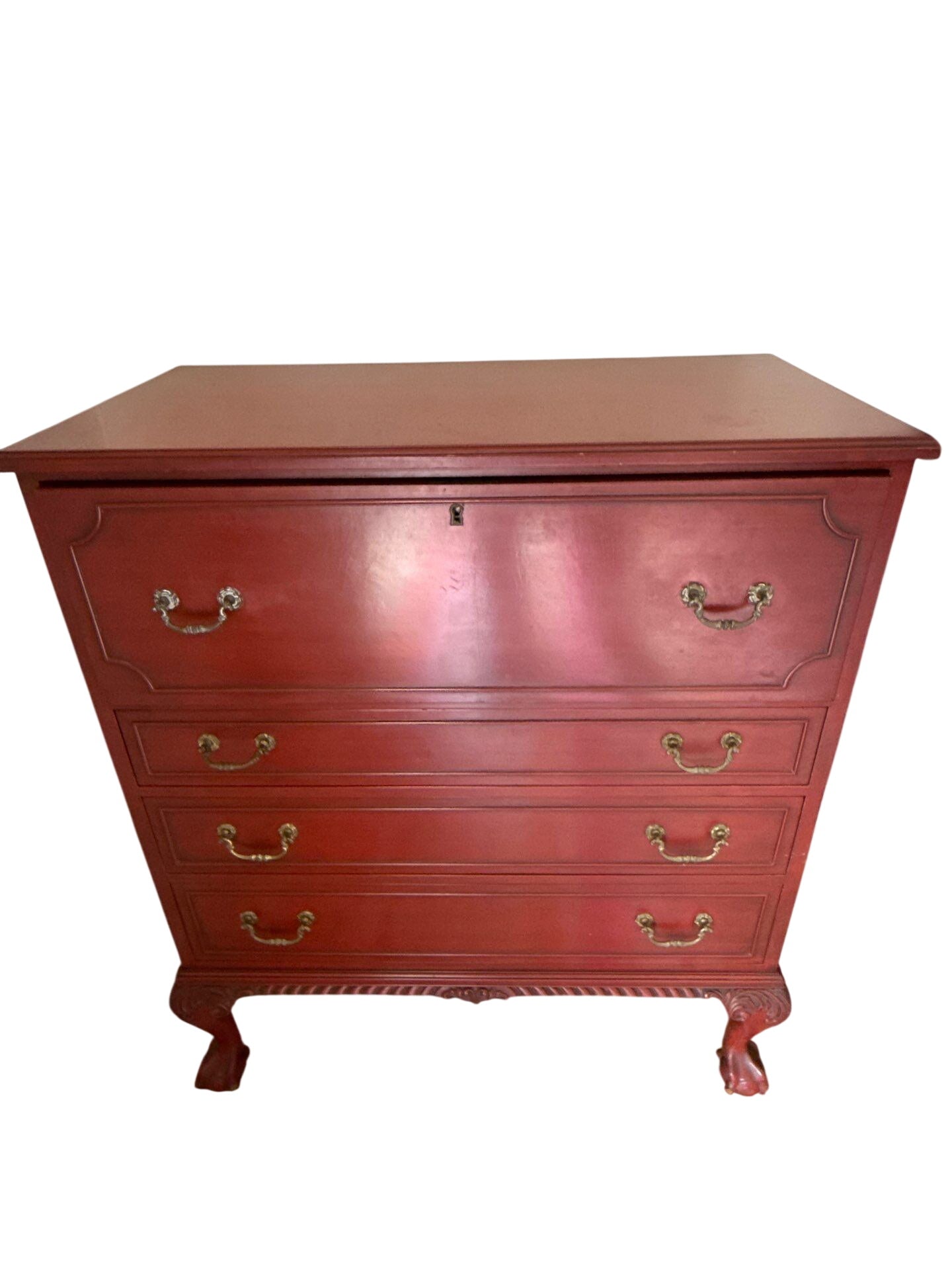 Red Lacquered Drop Front Secretary Desk