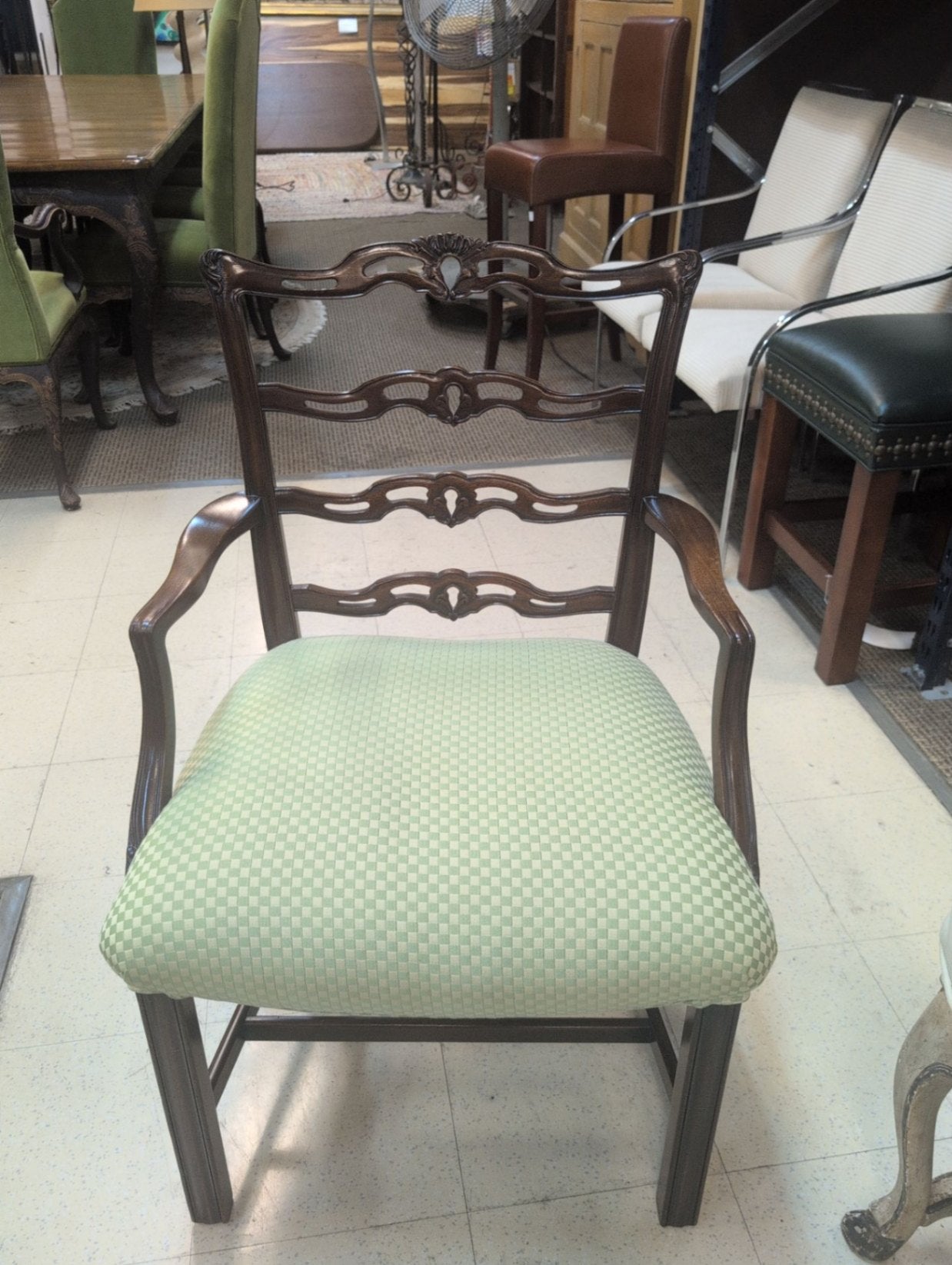 Wood Chippendale Arm Chair with Green Check Fabric