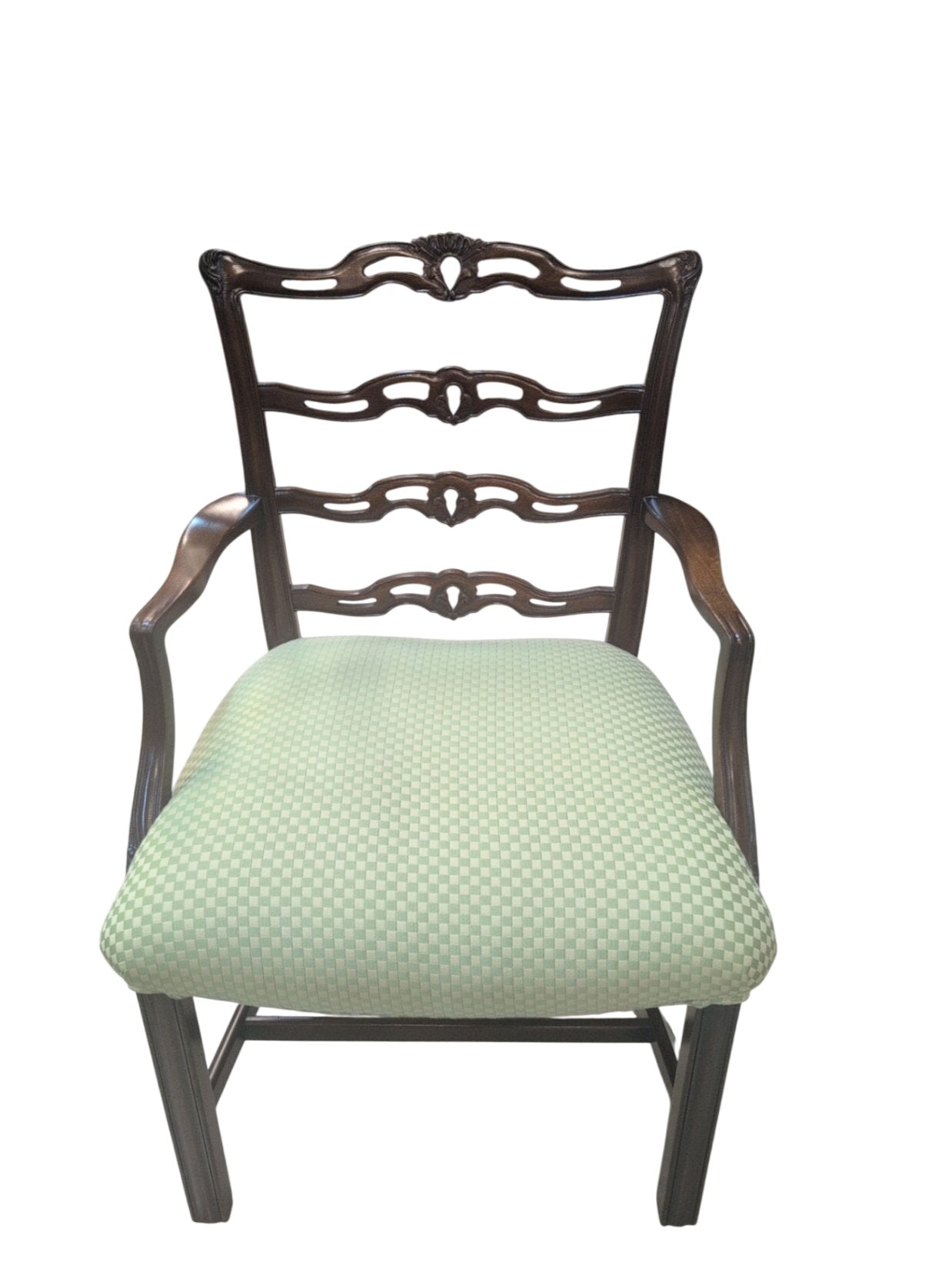 Wood Chippendale Arm Chair with Green Check Fabric