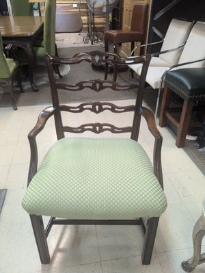 Wood Chippendale Arm Chair with Green Check Fabric