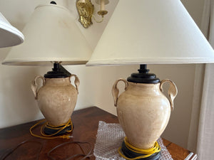 Distressed Creme Ceramic Table Lamps with Linen Shades Pair)
