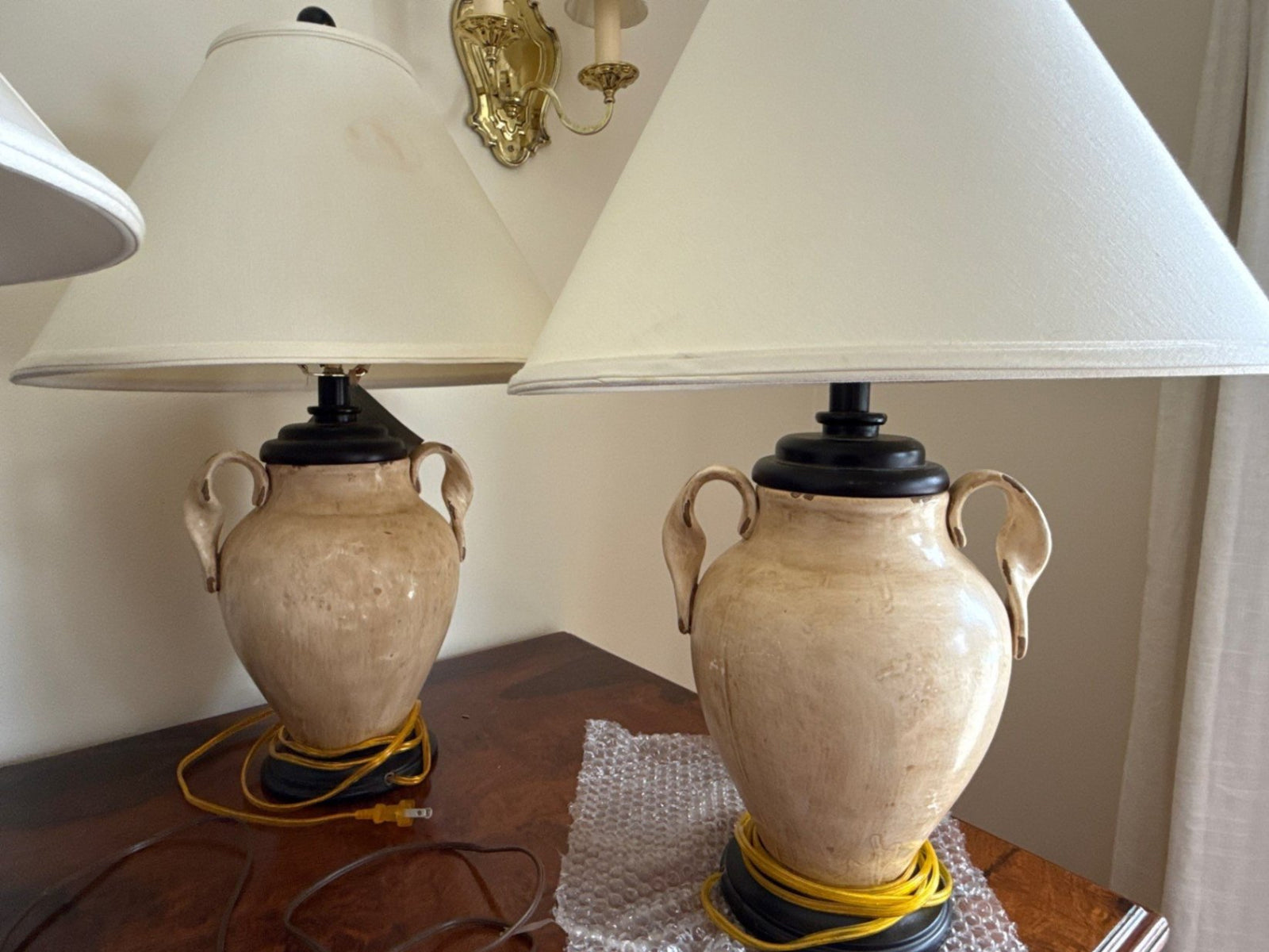 Distressed Creme Ceramic Table Lamps with Linen Shades Pair)